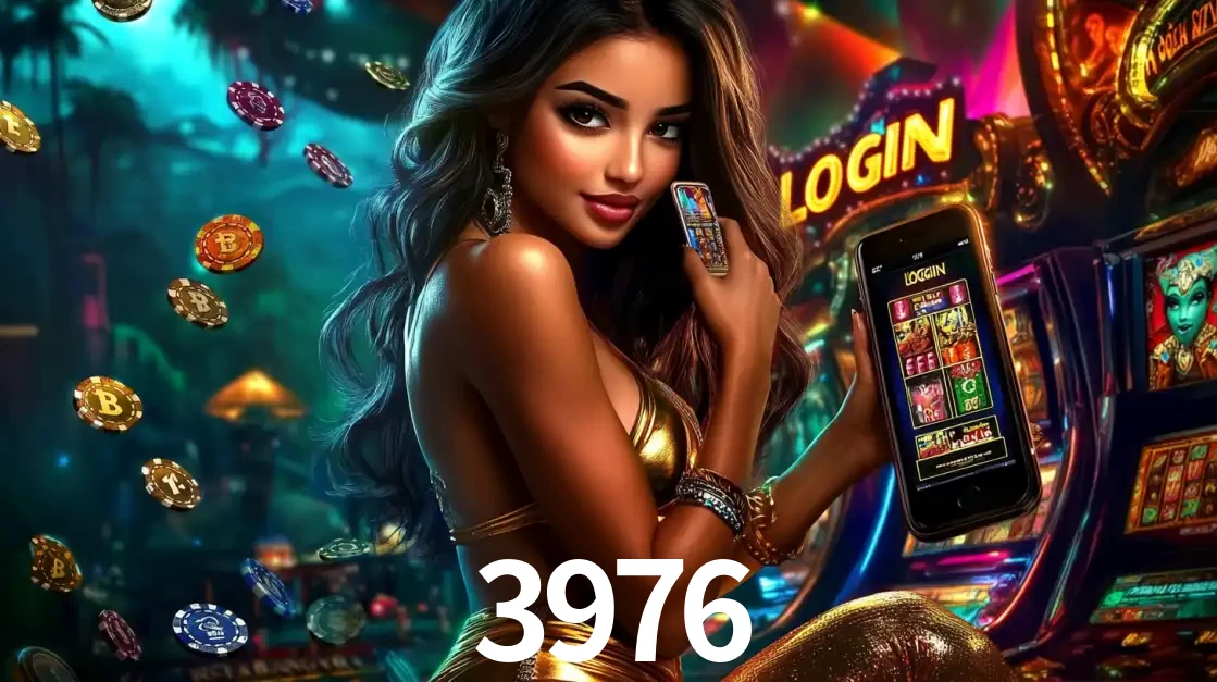 Mulher em um cenário de cassino temático de aventura, mostrando o app de caça-níqueis da 3976 no celular. Fichas de apostas flutuam ao redor.