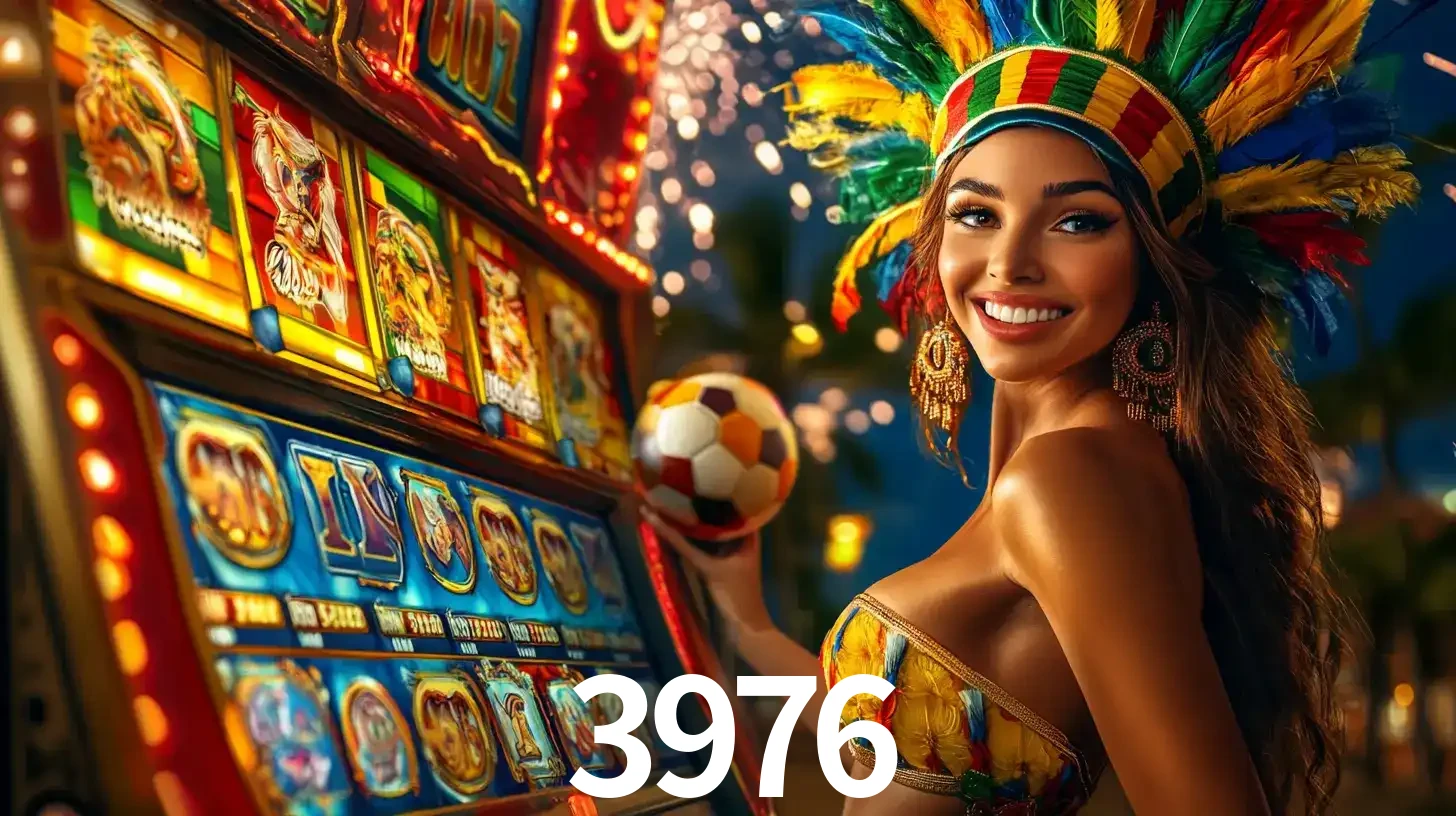 Mulher com um cocar de carnaval ao lado de uma máquina de caça-níqueis enquanto segura uma bola de futebol, mostrando a união da diversão de cassino e esportes no 3976.