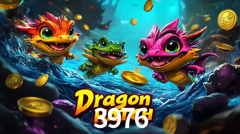 Arte promocional do jogo Dragon Hatch com três adoráveis dragões bebês nadando entre moedas de ouro, um dos slots mais divertidos para jogar no cassino 3976.