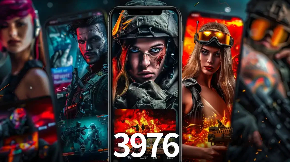 Montagem de telas de celular mostrando diversos personagens, masculinos e femininos, de um jogo de tiro, ilustrando a diversidade de equipes de e-sports para apostar no 3976.