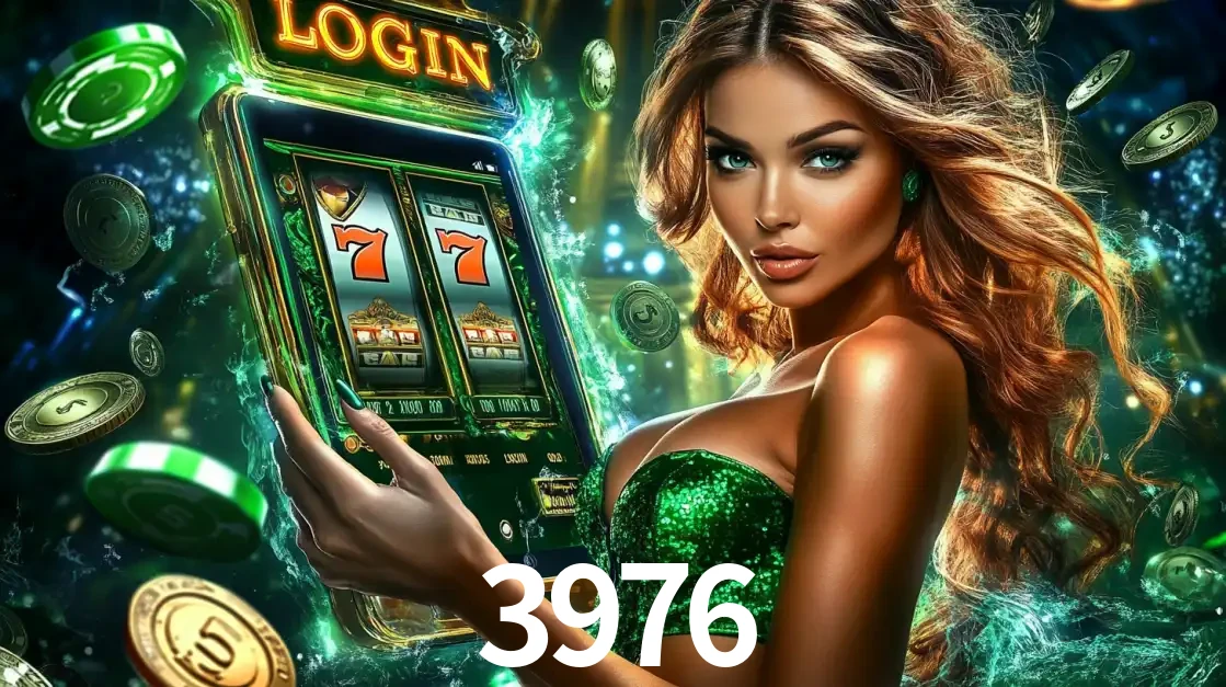 Mulher com tema verde apresentando o aplicativo do cassino 3976 com um jogo de slot de 777, cercada por fichas de cassino e uma aura de sorte.