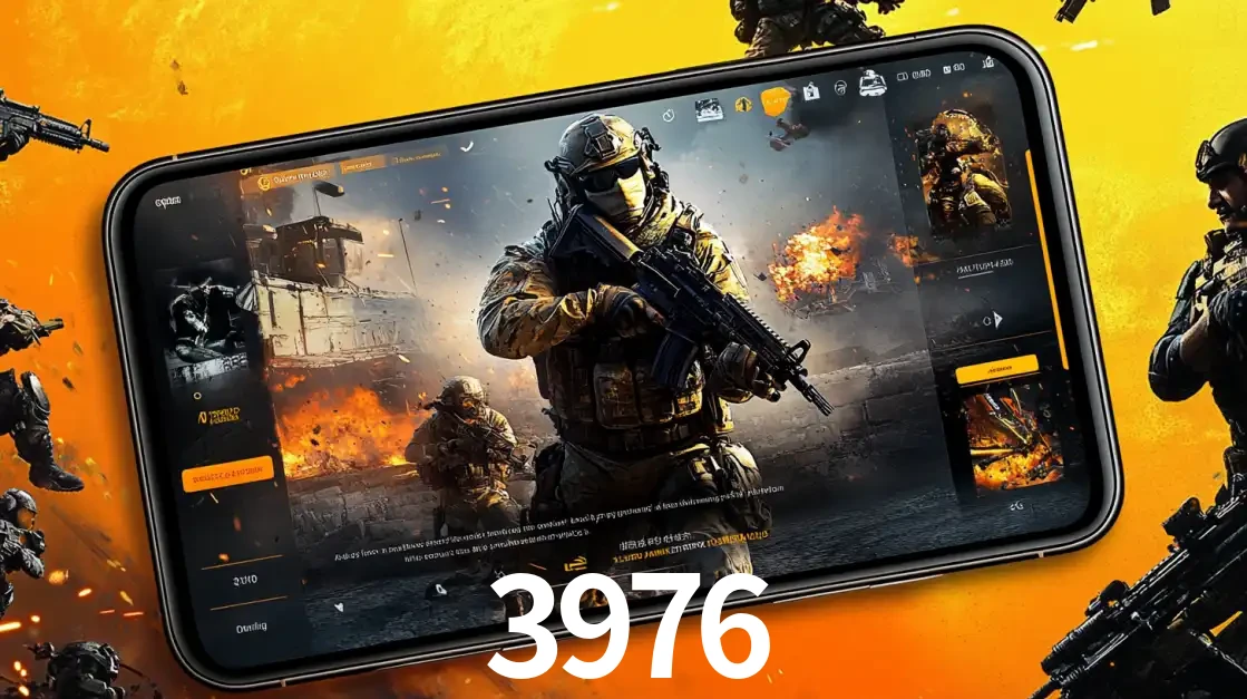Um smartphone exibindo a interface de um jogo de tiro em primeira pessoa, com um soldado em um cenário de batalha, representando a ação dos e-sports para apostar no 3976.