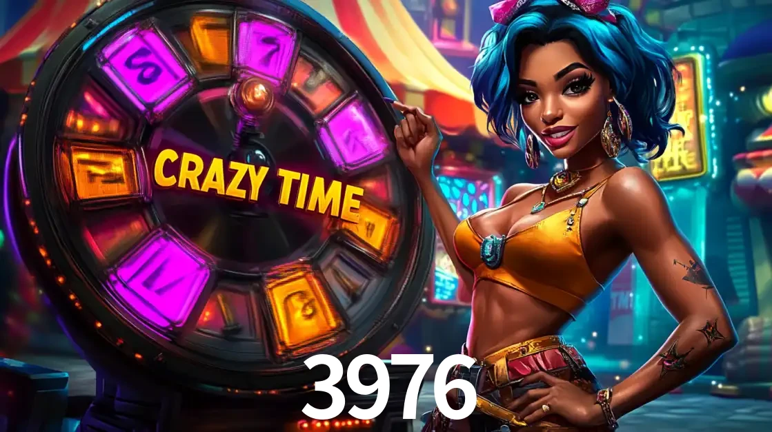 Mulher estilizada com cabelo azul e visual vibrante posando ao lado da roda de prêmios do game show Crazy Time, convidando para a diversão e os bônus do cassino 3976.