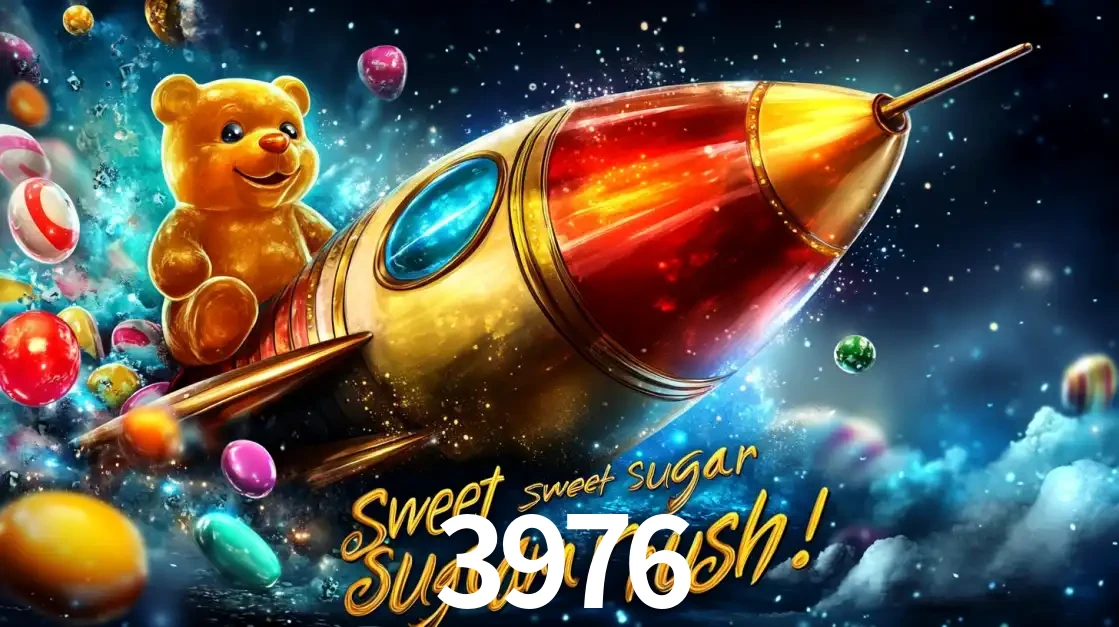 Arte promocional do jogo de slot Sugar Rush, com um urso de pelúcia em um foguete viajando pelo espaço de doces, um dos jogos divertidos disponíveis no cassino 3976.