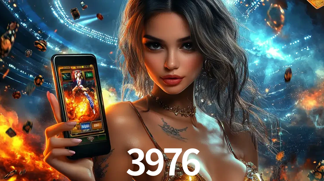 Mulher segurando um celular com um jogo de slot em destaque, tendo como fundo um estádio vibrante, simbolizando a emoção de jogar no cassino móvel 3976.