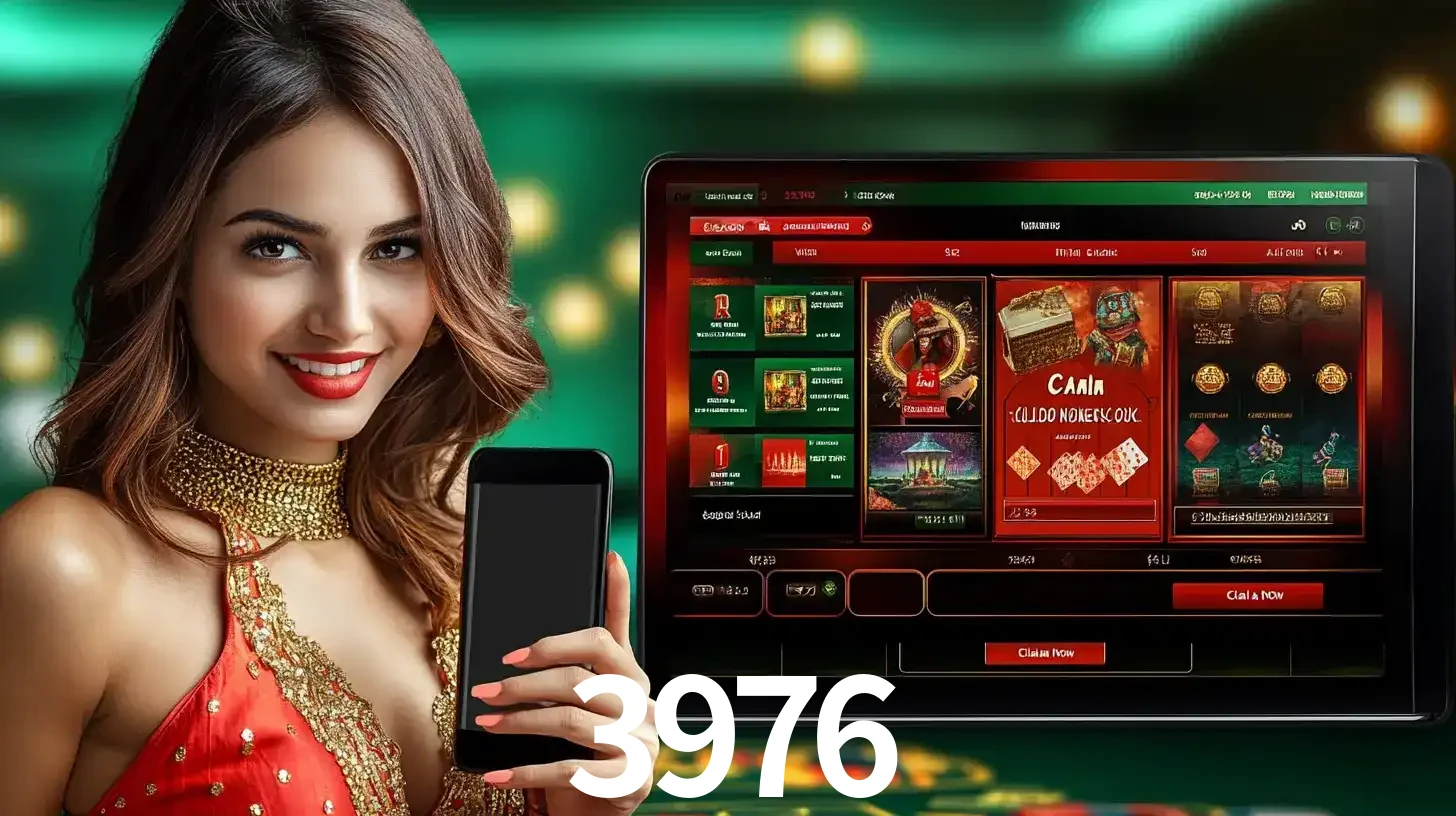 Mulher sorridente segurando um smartphone, ao lado de uma tela exibindo o lobby de jogos do cassino online 3976, com várias opções de jogos de cartas e slots.
